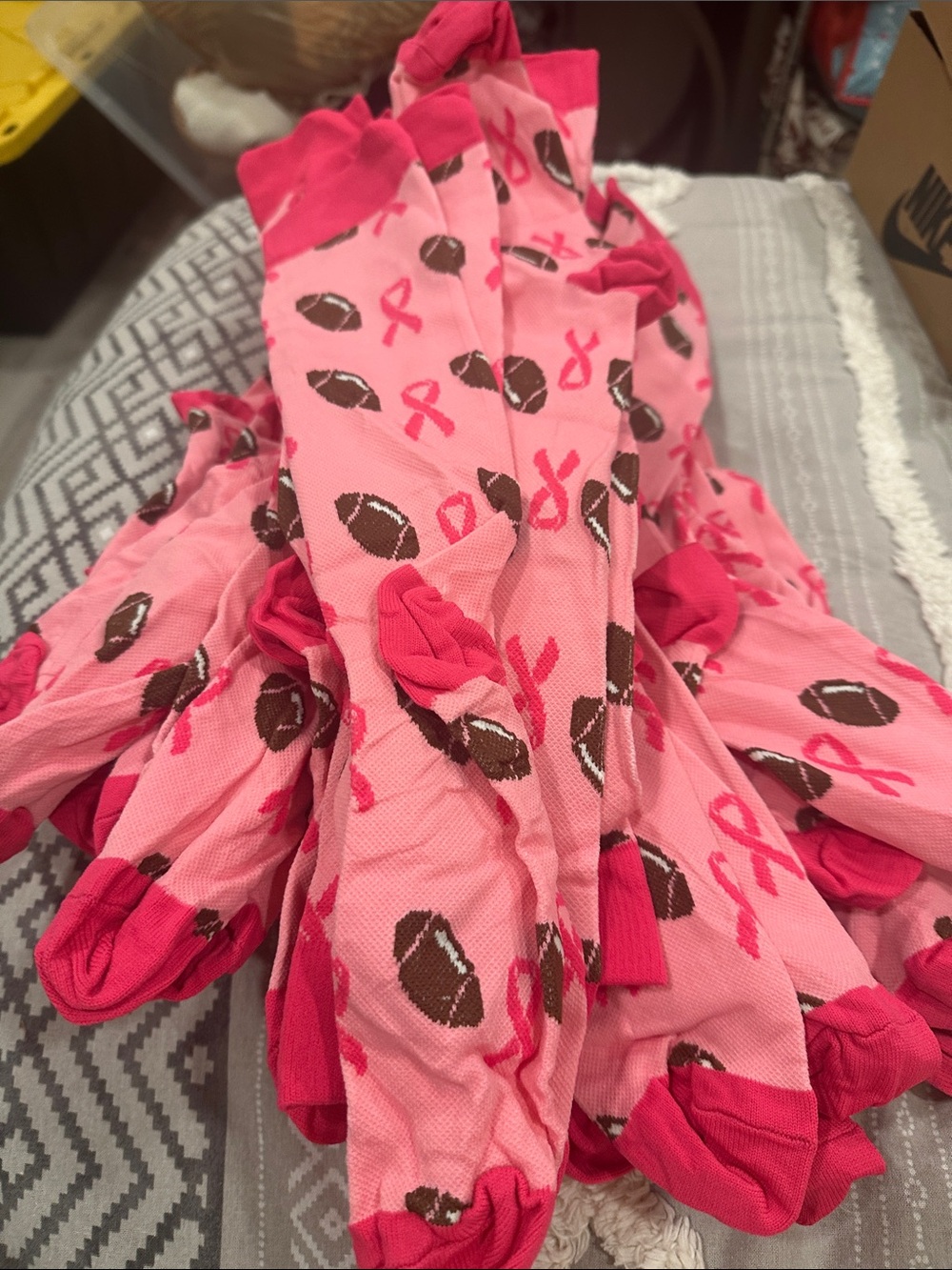 Bulk Pink Football & Ribbon Print Kids Socks for Breast Cancer Awareness (21 Q)